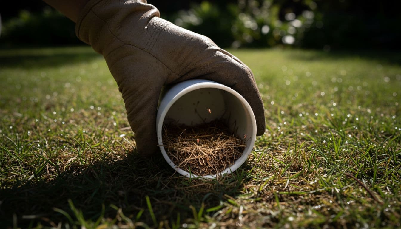 Inspecting St. Augustine grass for chinch bug damage with a cylinder flush at the soil surface.