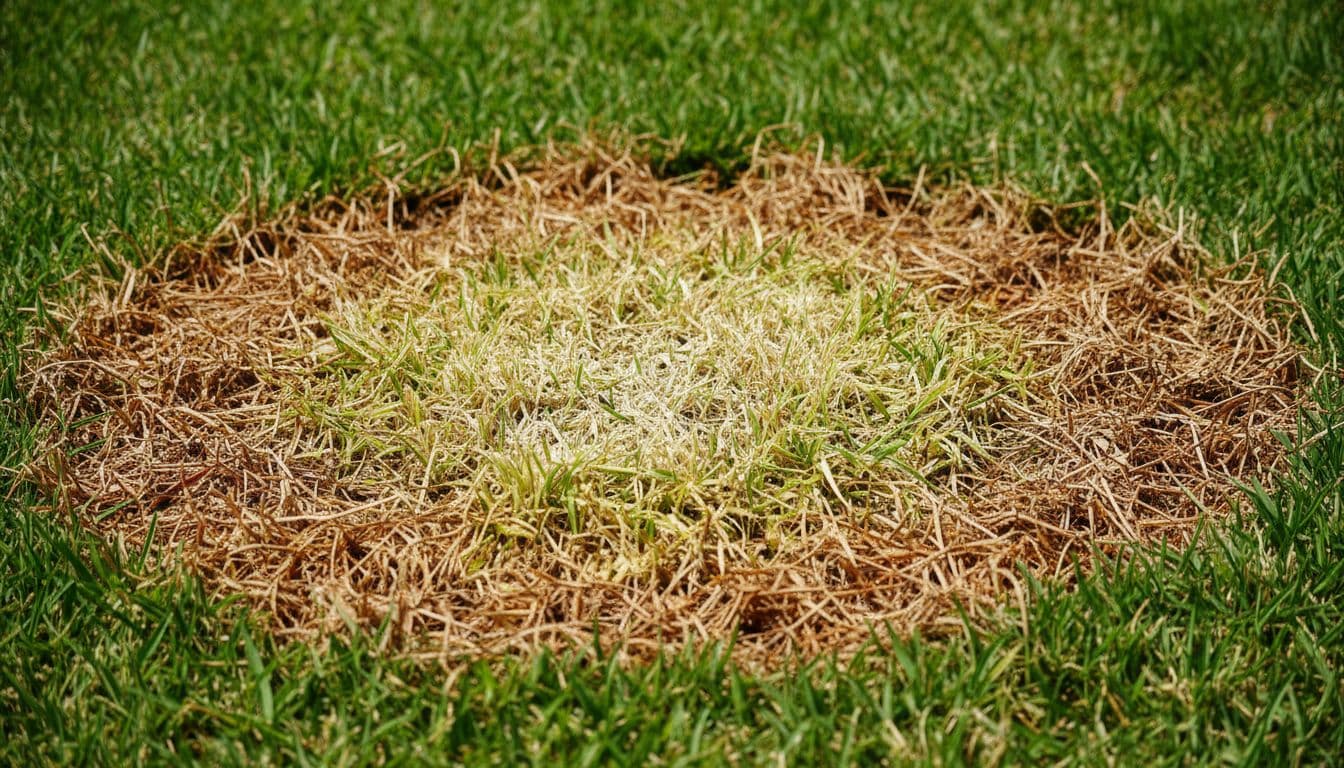Close-up of chinch bug damage in St. Augustine grass, showing green blades beside brown dying turf.
