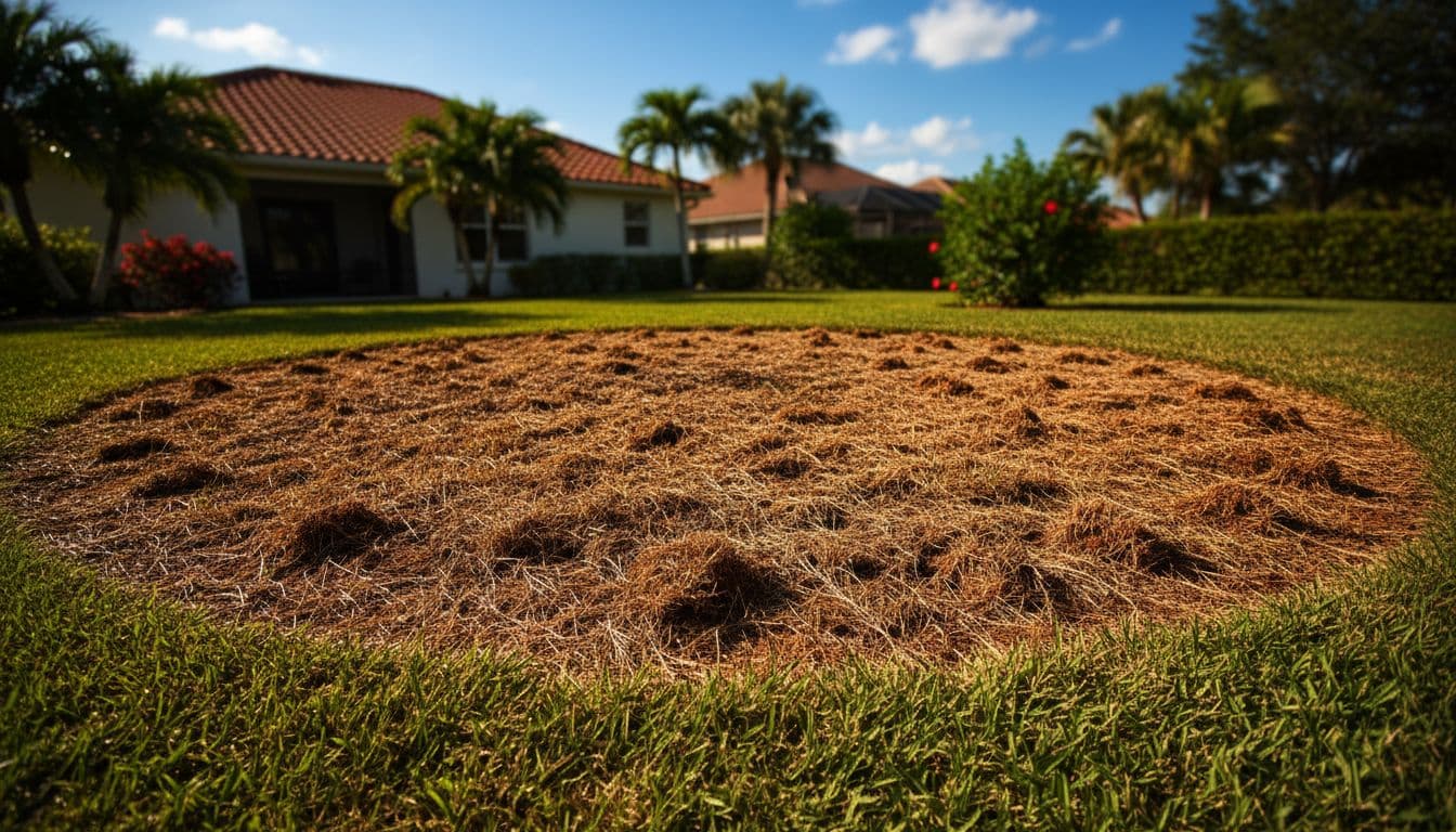 mole cricket damage florida shown as brown patches, sparse turf, and disturbed soil in a residential yard