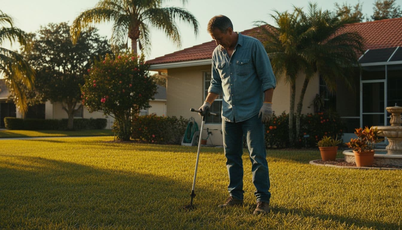 mole cricket damage florida lawn inspection with a homeowner checking turf using a soil probe