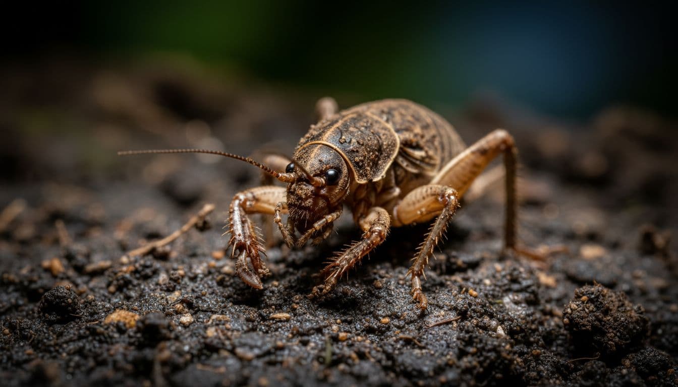 mole cricket damage florida close-up of a sturdy brown mole cricket resting on dark moist soil