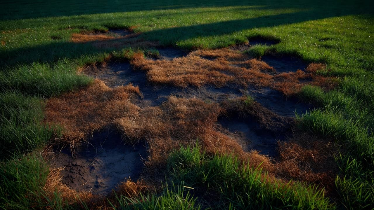 Irregular patches of withered brown grass reveal disturbed soil across a Florida landscape. The intense lighting highlights the sharp contrast between vibrant green blades and the dry, dying vegetation areas.