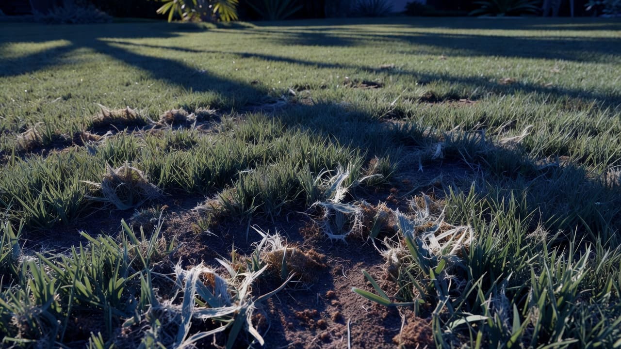 Close-up of fall armyworm damage in a Southwest Florida lawn with chewed turf blades and brown patches