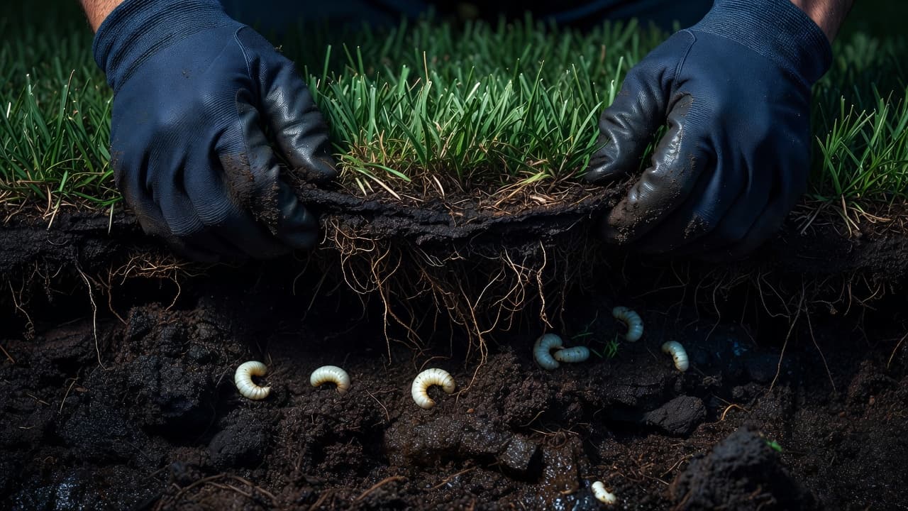 Close-up of human hands carefully lifting a thick patch of dark, moist Florida turf. Beneath the grass roots, several pale c-shaped larvae rest in the nutrient-rich soil during a professional assessment.