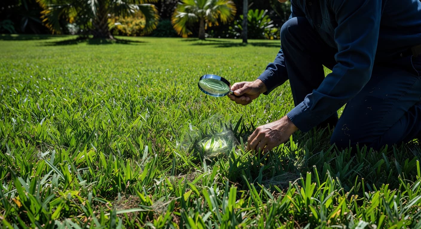 Professional examining tropical sod webworm damage in a Florida lawn