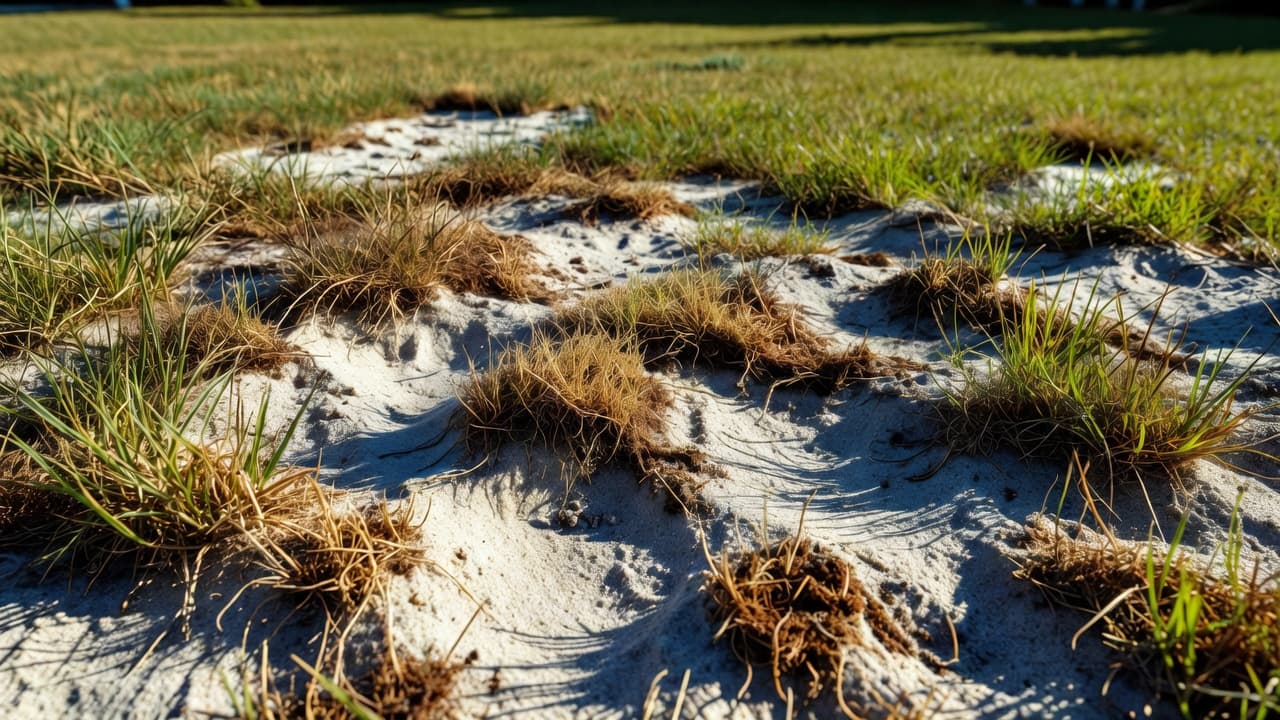 Close-up showing turfgrass nematodes damage in stressed brown turfgrass growing in sandy soil.
