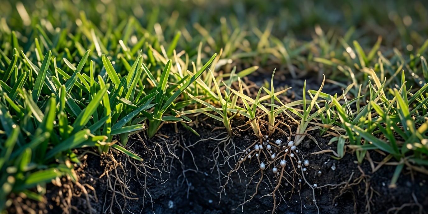 St. Augustinegrass Ground Pests Cutaway lawn showing pale grass patches, exposed soil, and tiny pests on weakened roots.