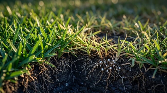 St. Augustinegrass Ground Pests Cutaway lawn showing pale grass patches, exposed soil, and tiny pests on weakened roots.