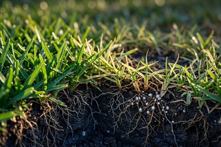 Cutaway lawn showing pale grass patches, exposed soil, and tiny pests on weakened roots.