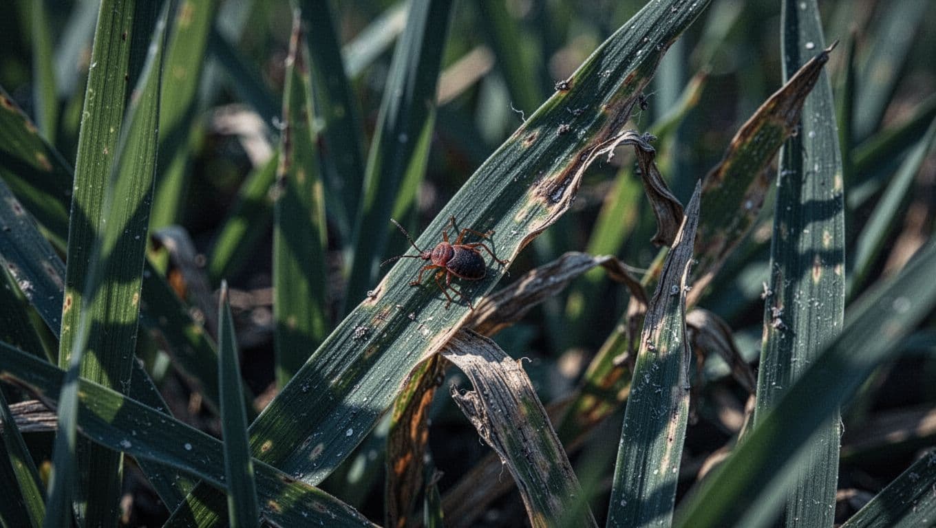 Vibrant green grass blades show patches of yellowing and dry distress under dramatic lighting. Deep indigo shadows pool between the stalks, highlighting a small insect resting on a textured blade.