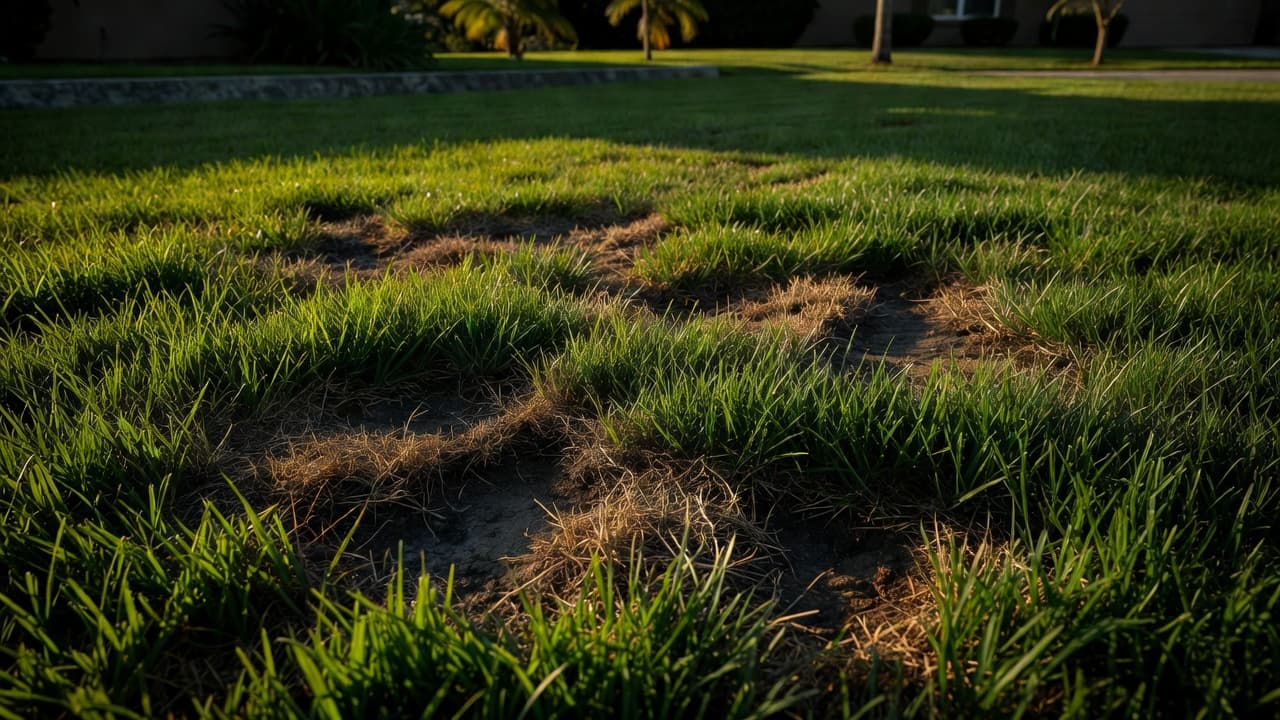 Thinning brown patches of St. Augustine grass affected by two-lined spittlebug damage.