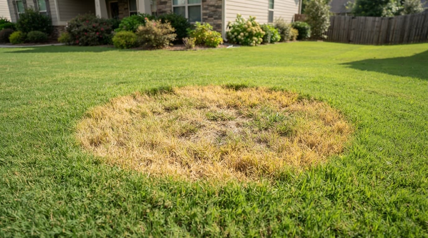 Ground pearls St. Augustinegrass damage showing a circular yellow patch in a green lawn.