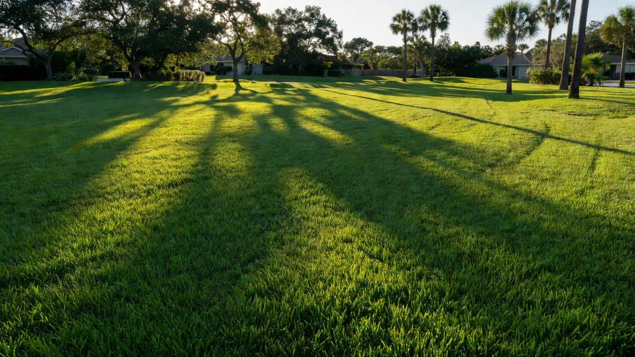 A dense patch of manicured emerald grass thrives under the bright afternoon sun in Southwest Florida. Deep, dramatic shadows stretch across the blades, highlighting the vibrant texture and healthy soil conditions.
