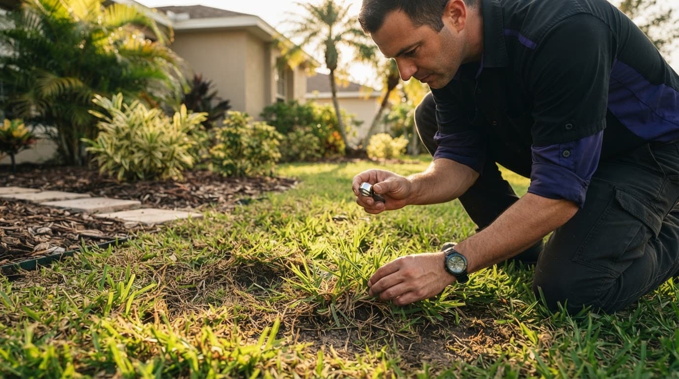 A professional examines mite damage with a hand lens beside a damaged patch.