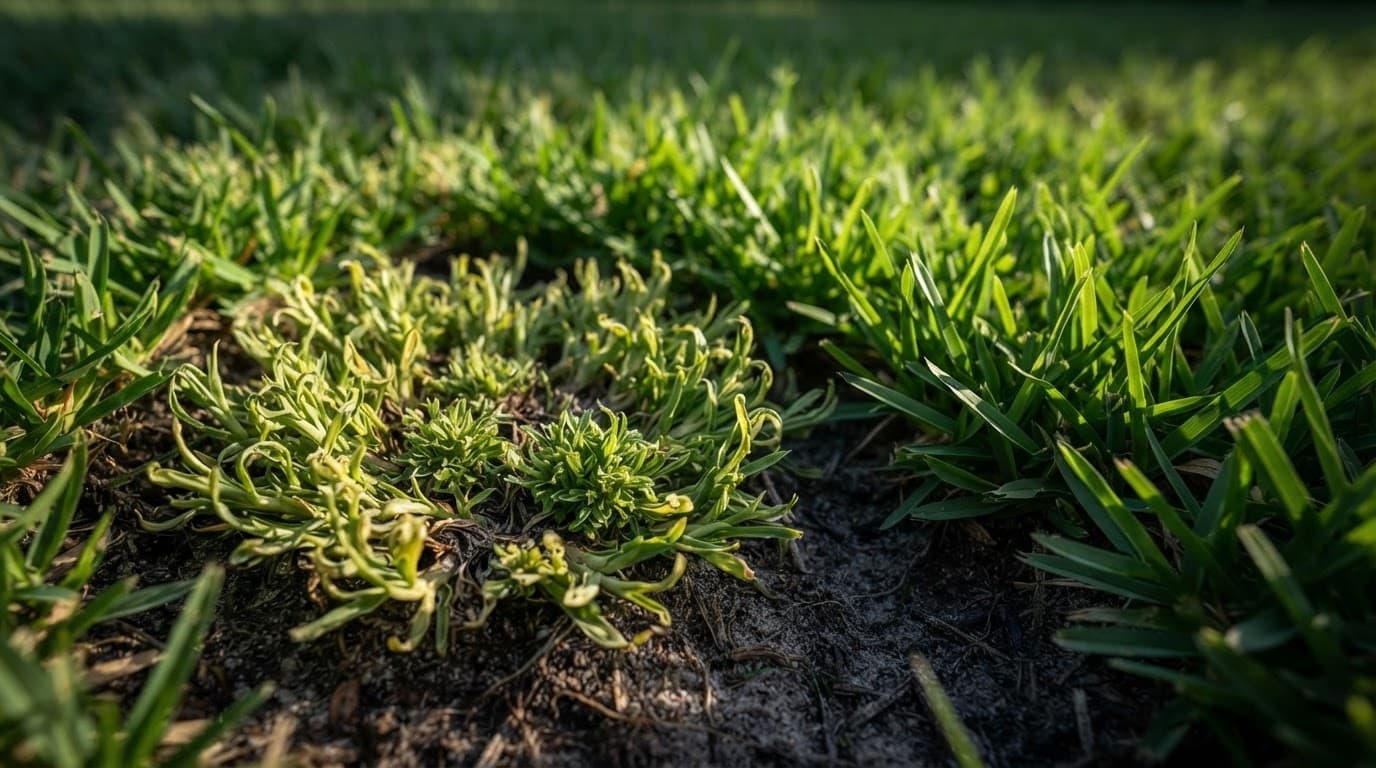 Early mite damage with pale tips and distorted shoots in one affected patch.