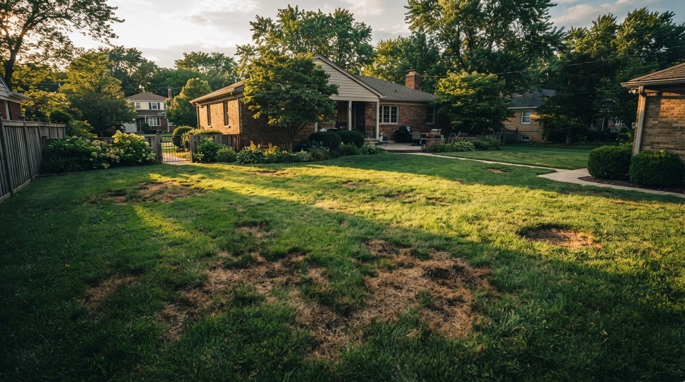 Turf disease and environmental stress in a suburban lawn with irregular brown patches.