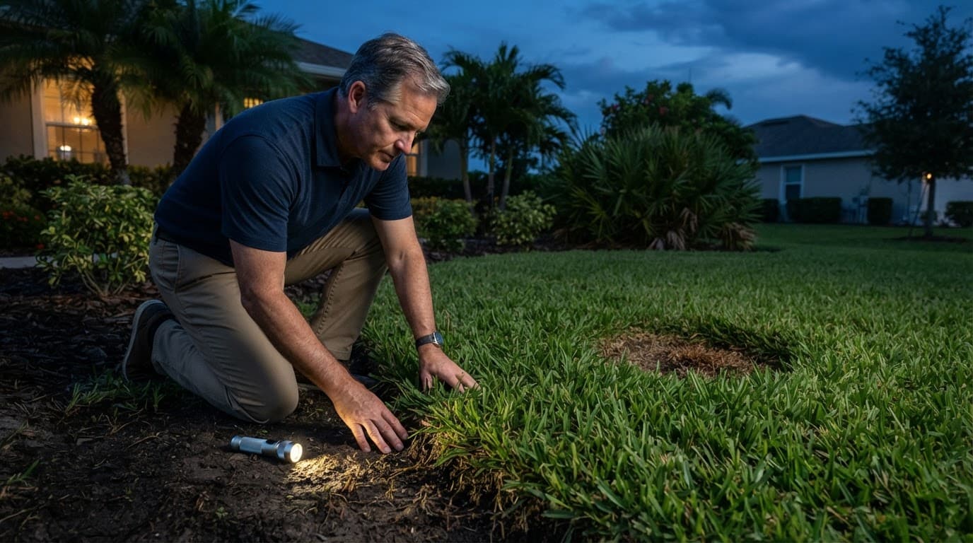 A homeowner inspects St. Augustinegrass at dusk with a flashlight.