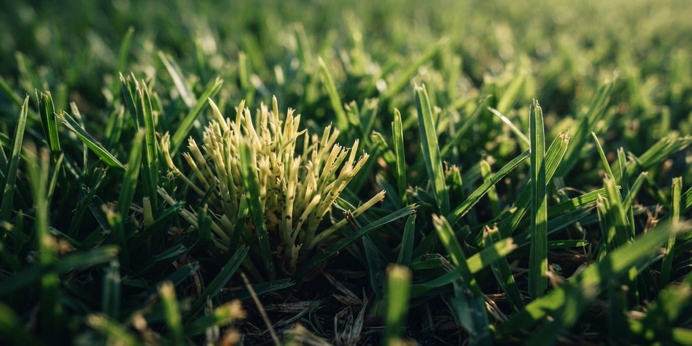 Bermudagrass Mite Damage Pale broomlike bermudagrass shoots stand among healthy green blades.