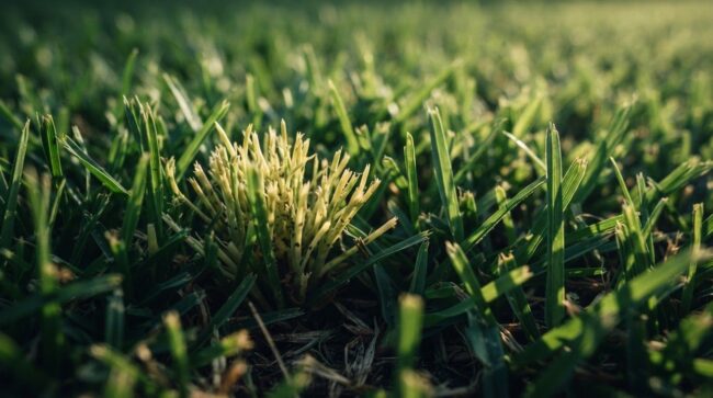 Bermudagrass Mite Damage Pale broomlike bermudagrass shoots stand among healthy green blades.