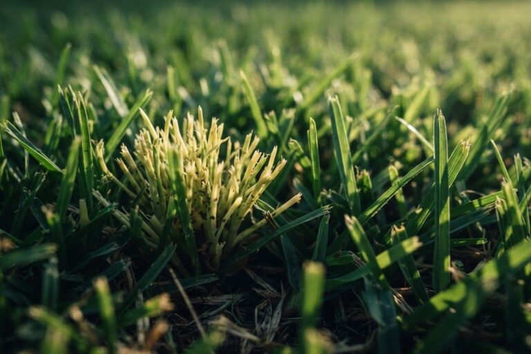 Pale broomlike bermudagrass shoots stand among healthy green blades.
