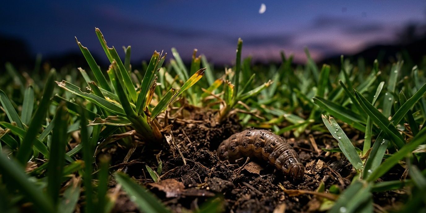 A cutworm larva beneath damaged grass beside a brown lawn patch.