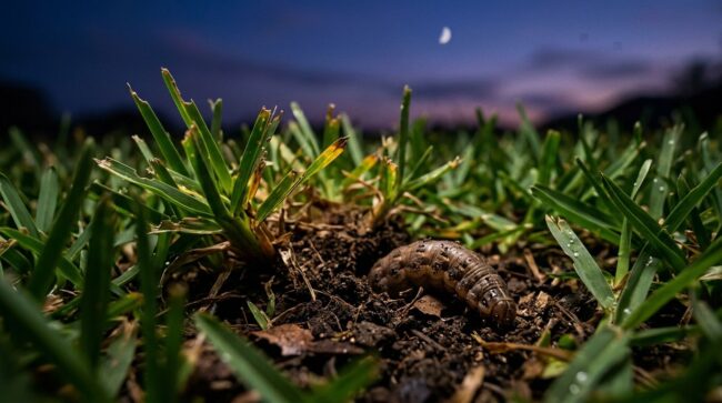 St Augustinegrass Cutworm Damage A cutworm larva beneath damaged grass beside a brown lawn patch.