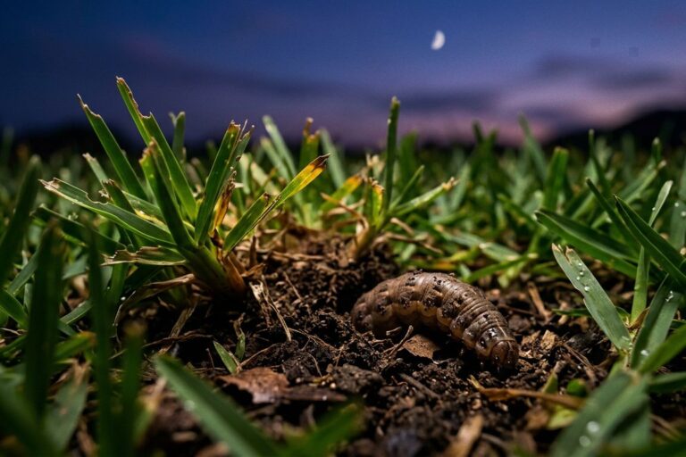 A cutworm larva beneath damaged grass beside a brown lawn patch.