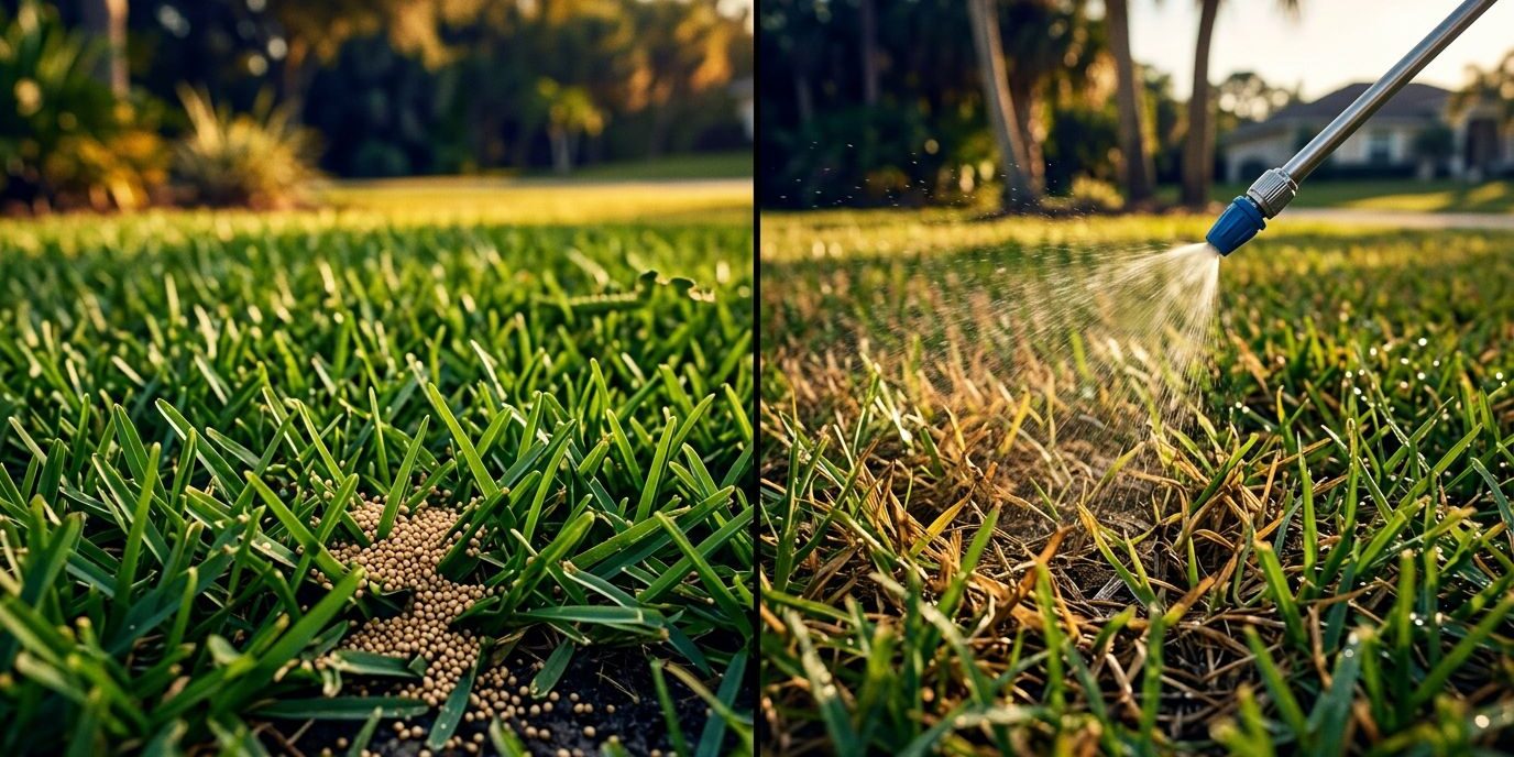 Split lawn showing granular treatment in green grass and liquid spray on a brown patch.