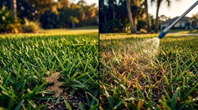 Granular And Liquid Treatments Split lawn showing granular treatment in green grass and liquid spray on a brown patch.