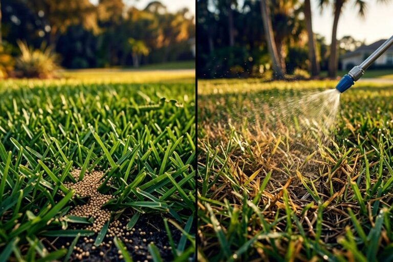 Split lawn showing granular treatment in green grass and liquid spray on a brown patch.