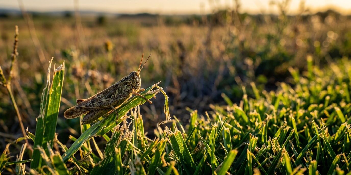Grasshopper Turf Damage A grasshopper perched on chewed grass beside a sunny lawn edge.