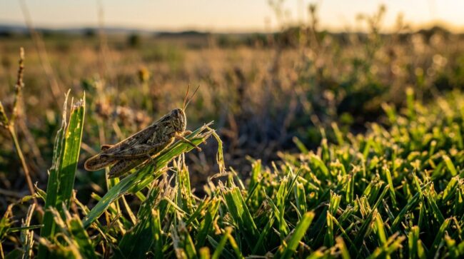 A grasshopper perched on chewed grass beside a sunny lawn edge.