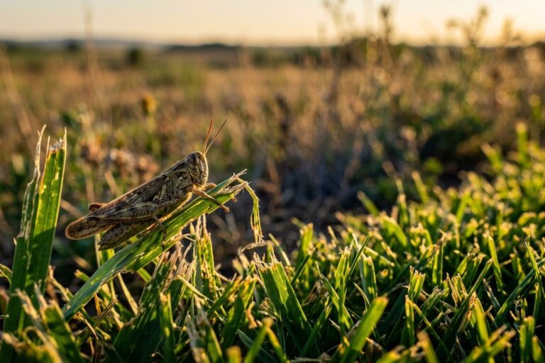 A grasshopper perched on chewed grass beside a sunny lawn edge.