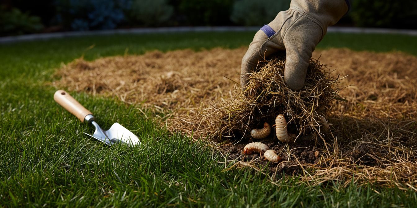 A gloved hand reveals white grubs beneath damaged lawn grass.