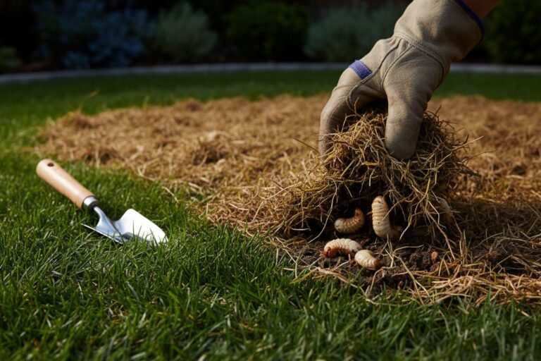 A gloved hand reveals white grubs beneath damaged lawn grass.