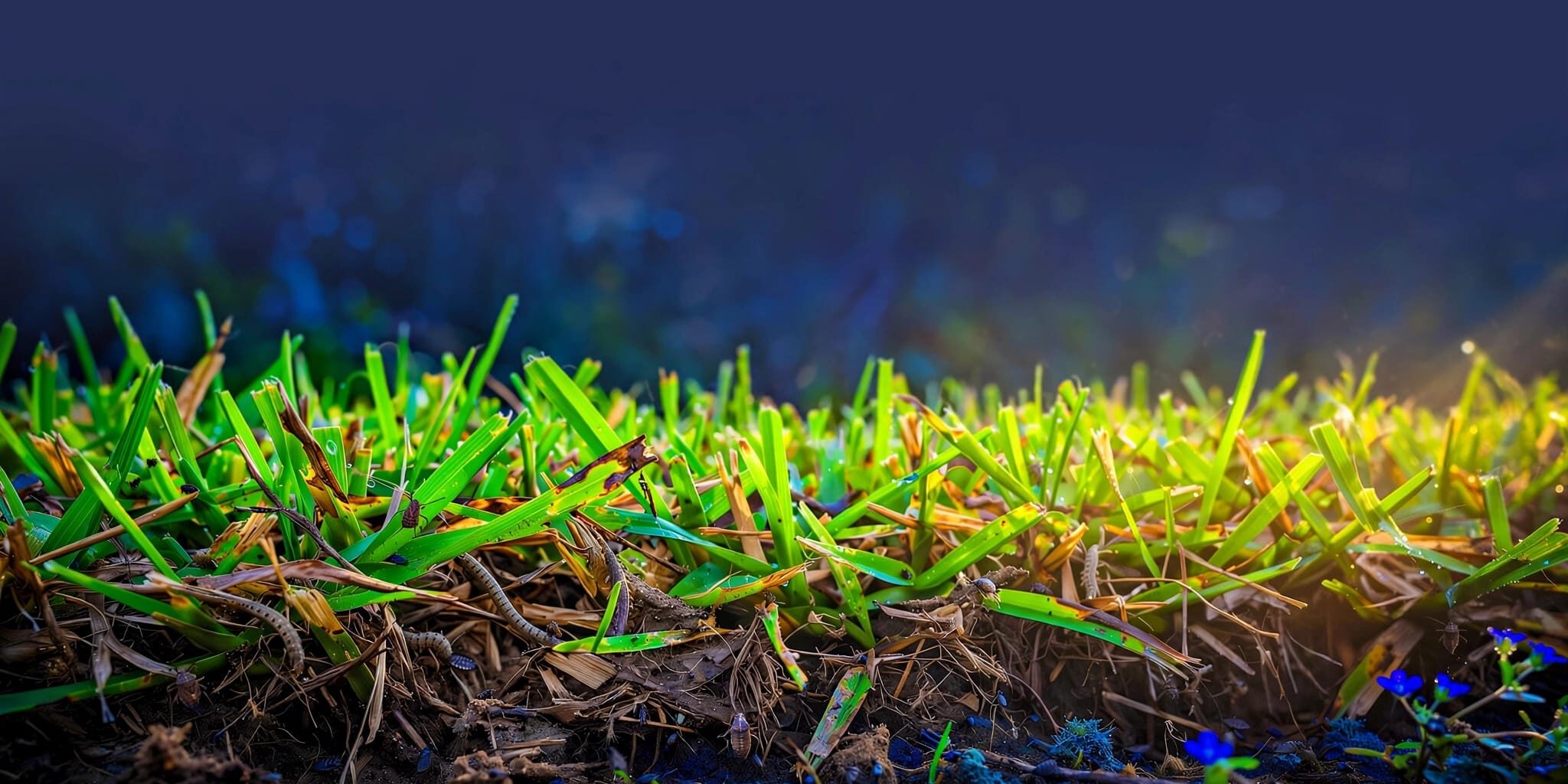 Close-up of lush grass with thatch, small pests, dry patches, and damaged leaves.