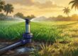 A sprinkler waters green grass beside a dry patch with muddy soil and small pests.