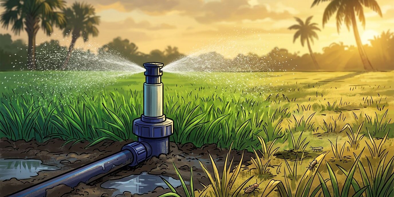 Uneven Lawn Irrigation A sprinkler waters green grass beside a dry patch with muddy soil and small pests.