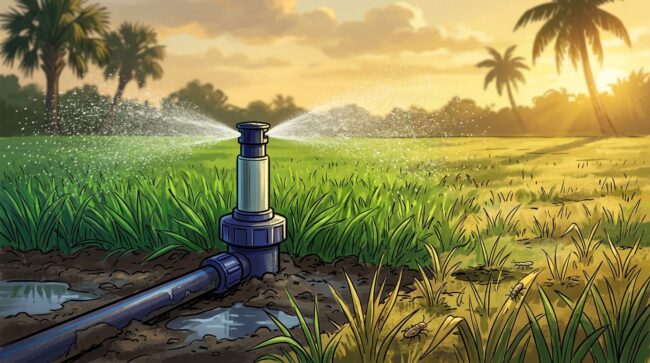 A sprinkler waters green grass beside a dry patch with muddy soil and small pests.
