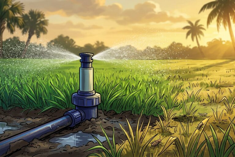 A sprinkler waters green grass beside a dry patch with muddy soil and small pests.