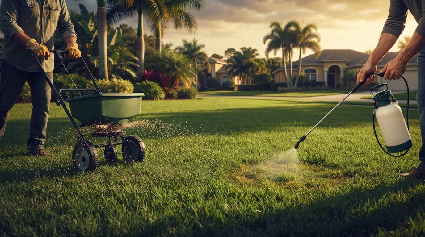 Comparison showing a spreader covering broad turf and a sprayer treating a small damaged patch.