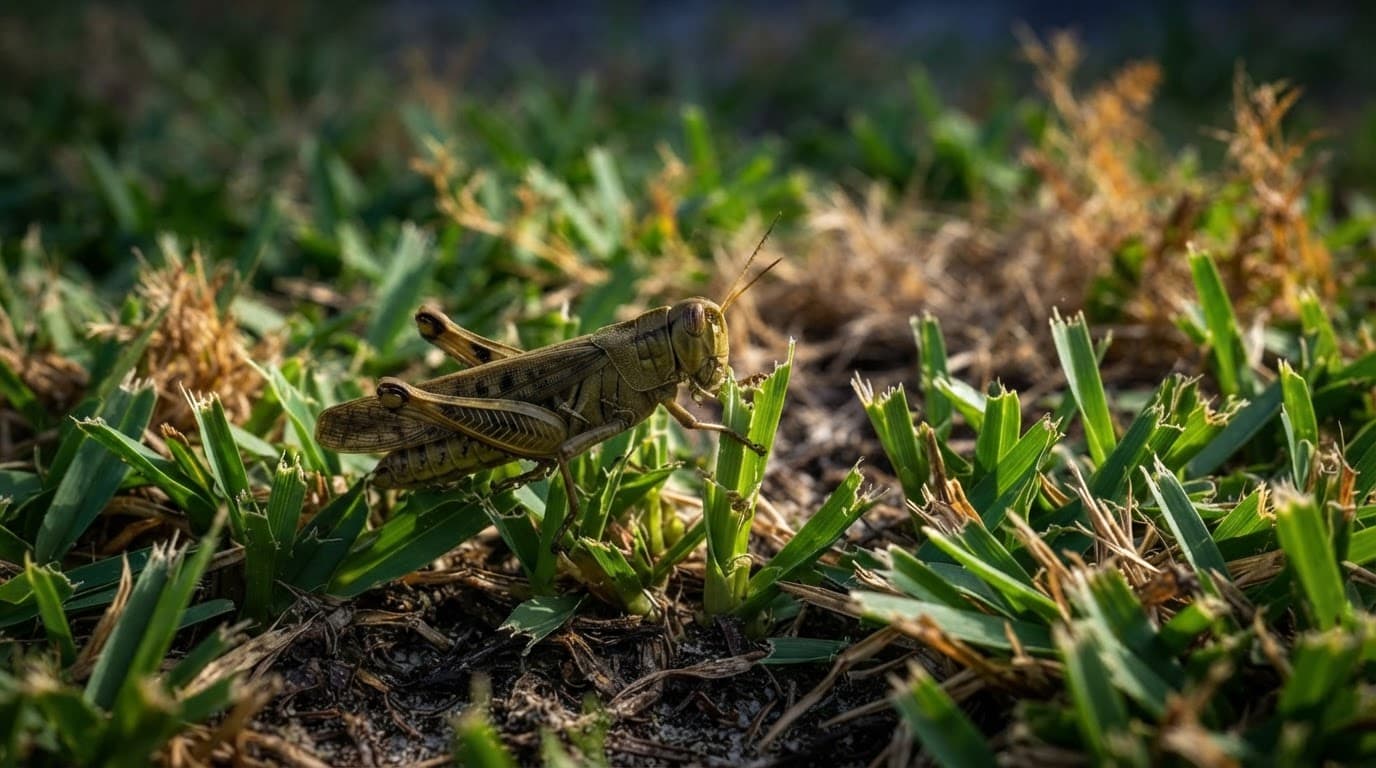 Grasshopper damage in turf: one grasshopper chews ragged blades beside healthy grass.
