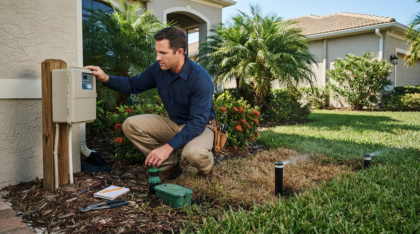 A technician checks sprinkler coverage and the controller during an irrigation inspection.