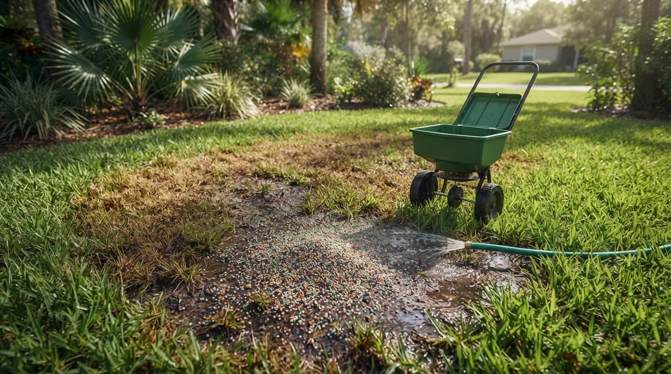 Spilled fertilizer granules should be removed before the soil is carefully flushed.