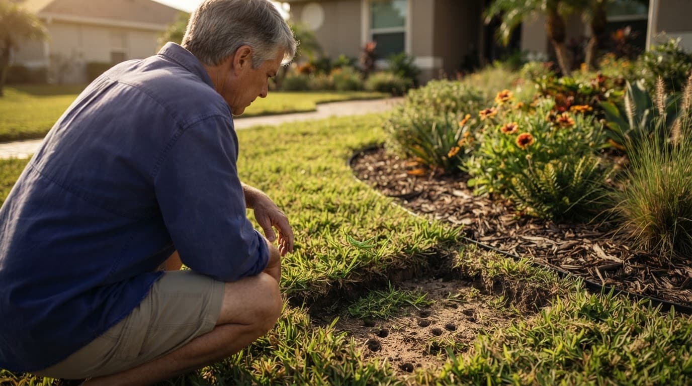 Turf-edge scouting shows one nymph near exposed soil.