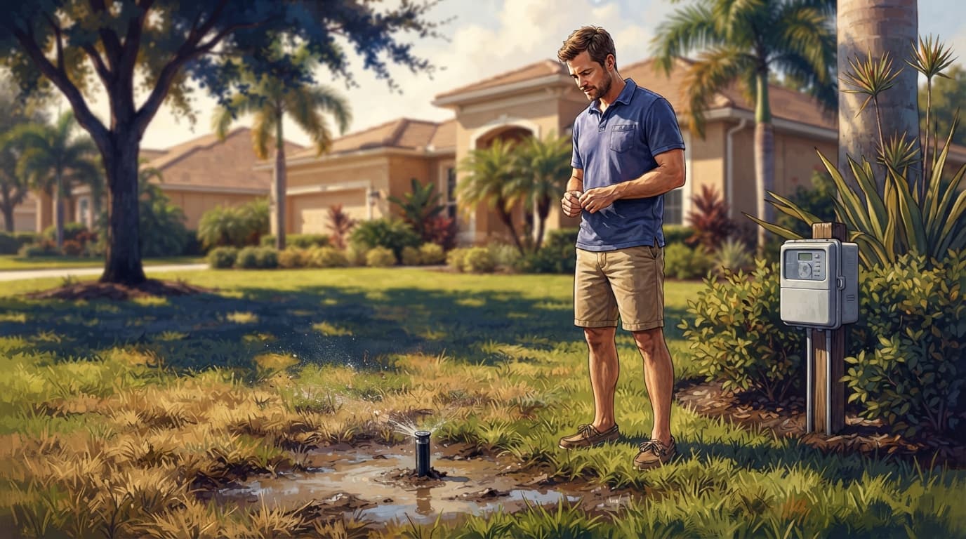 A homeowner examines dry grass and standing water near a sprinkler head.