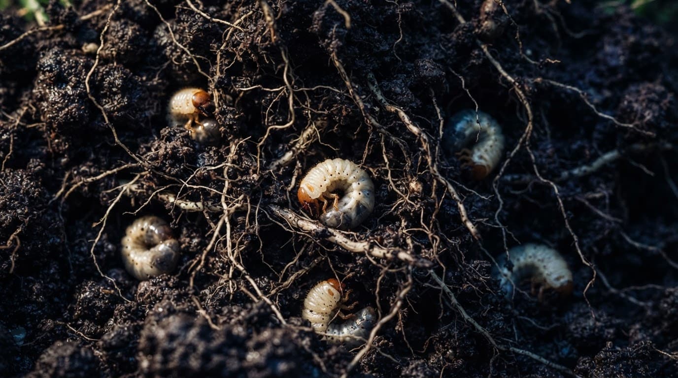 White grub injury in turf soil, showing damaged roots