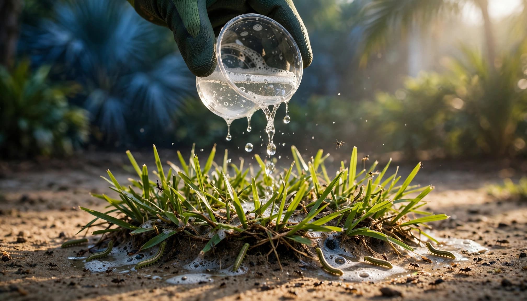 Southwest Florida lawn pests surface during a soap flush test in a Bahia grass lawn.