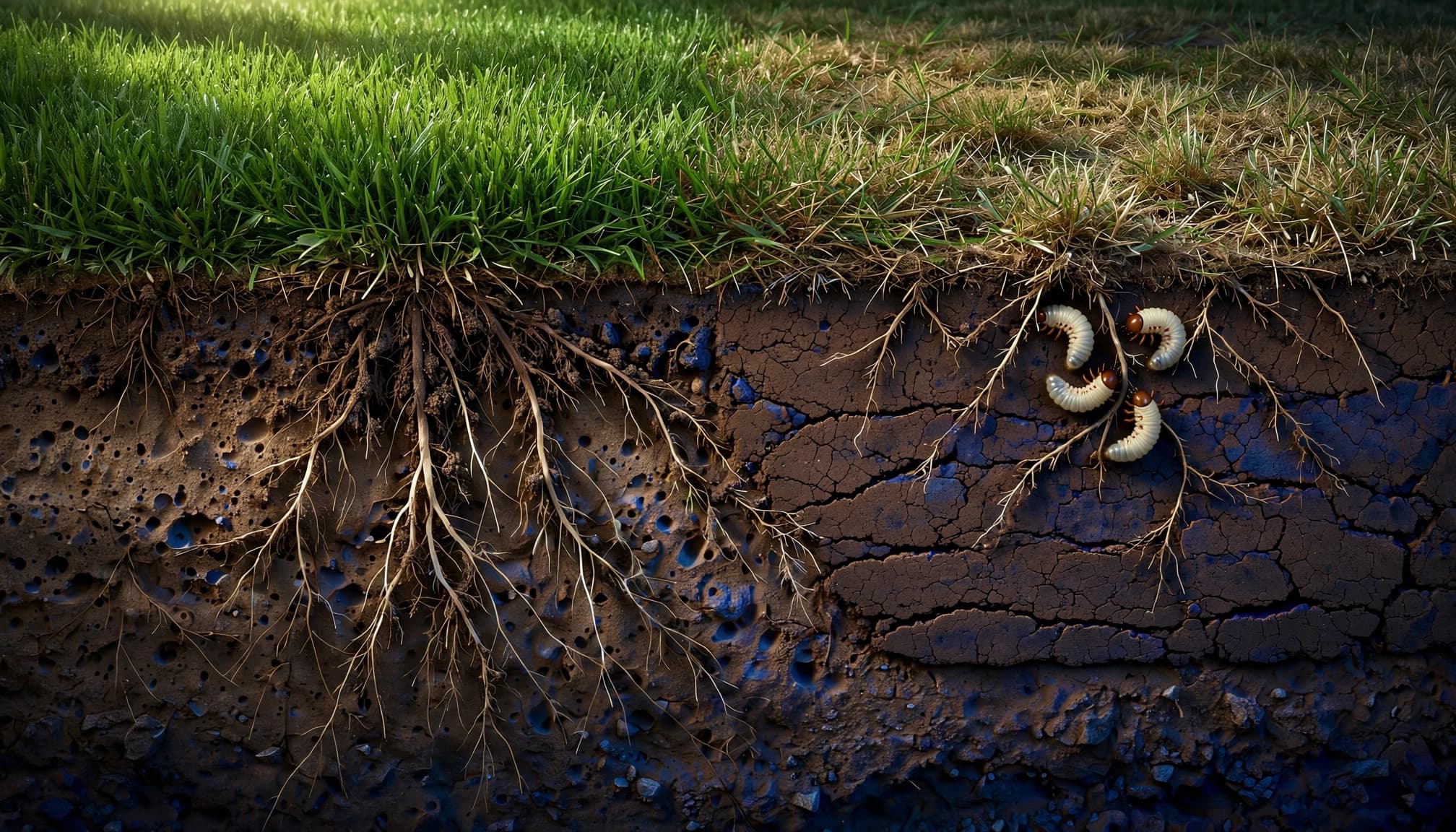 Soil compaction restricts shallow turf roots while white grubs feed beneath a lawn.