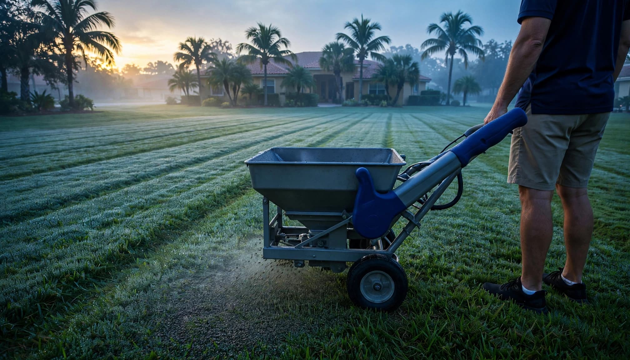 A homeowner uses a spreader on a dewy lawn near a stucco home during lawn pest treatment timing.